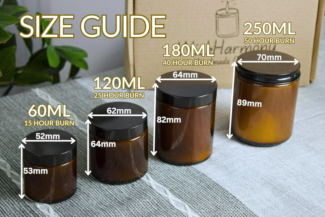 Size guide for amber glass jars with black lids on a textured surface.