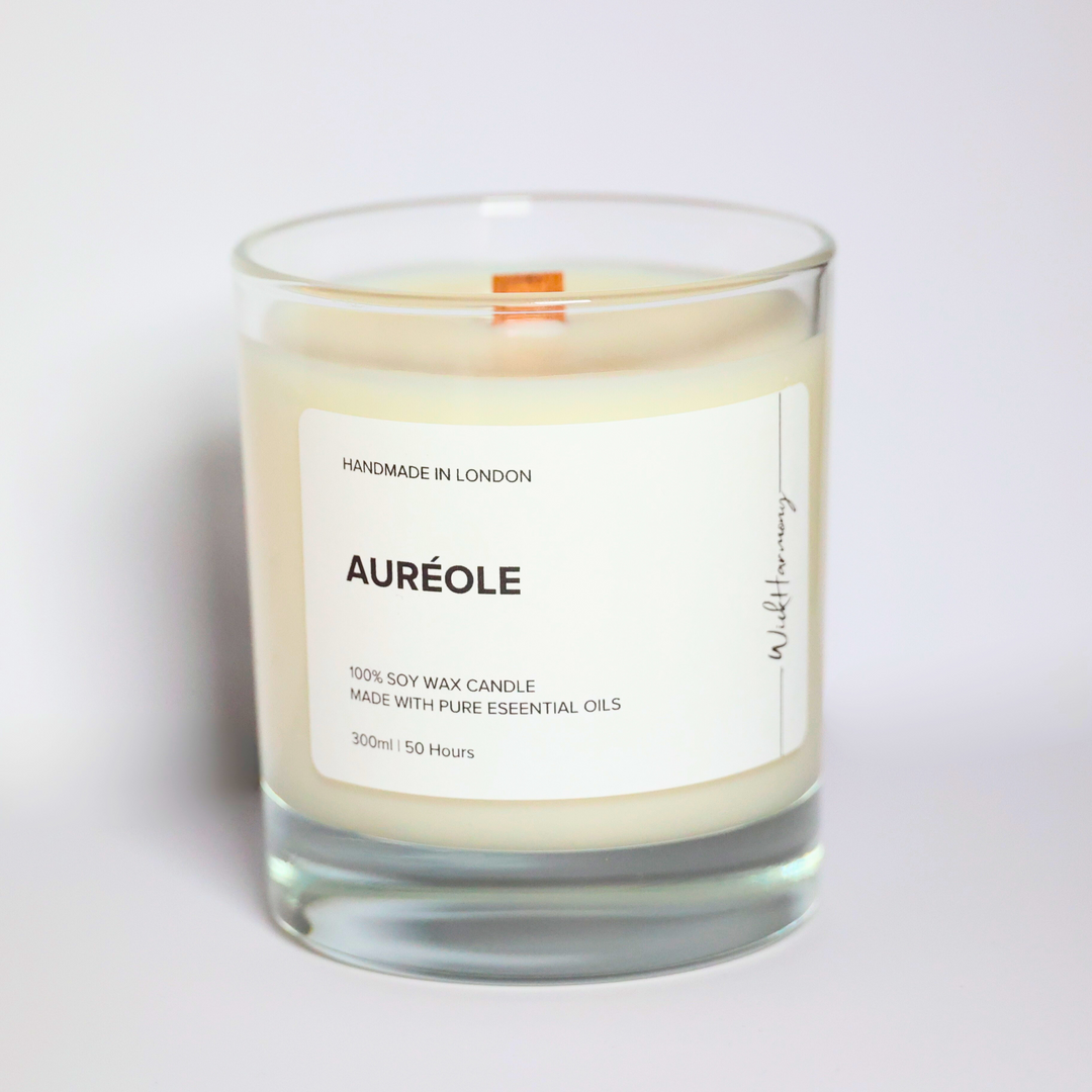 Auréole essential oil soy candle in a clear 300ml glass jar with wooden wick, handmade in London by WickHarmony