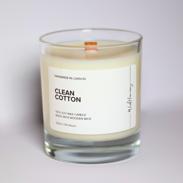 Clean Cotton soy candle in a clear 300ml glass jar with wooden wick, handmade in London by WickHarmony