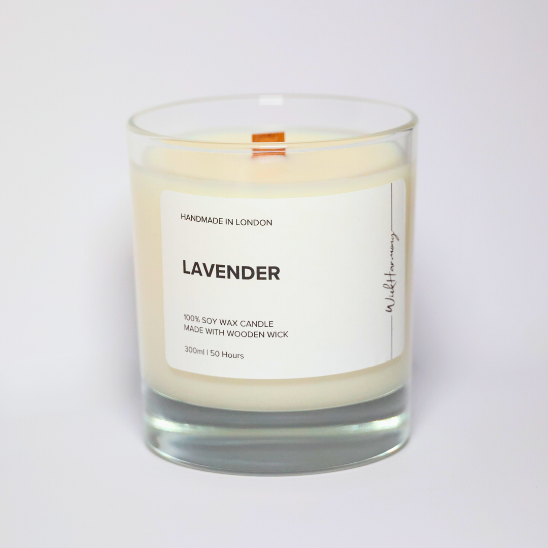 Lavender soy candle in a clear 300ml glass jar with wooden wick and minimalist label, handmade in London by WickHarmony