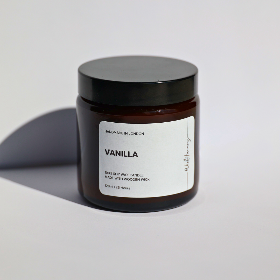 Vanilla Soy Candle in Amber Jar with Wooden Wick by Wick Harmony – 120ml