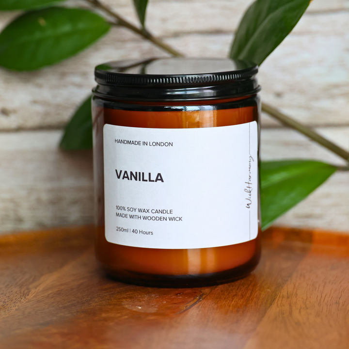 Vanilla soy candle in amber glass jar with lid on, 250ml size