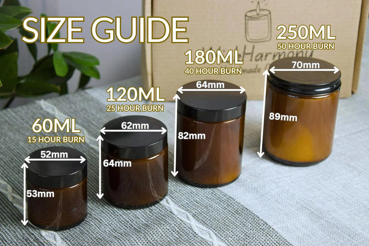 Size guide for amber glass jars with black lids on a textured surface.